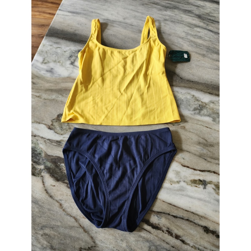 VTG 90s St Johns Bay Womens Ribbed Tankini Swimsuit Set Yellow‎ Navy Blue